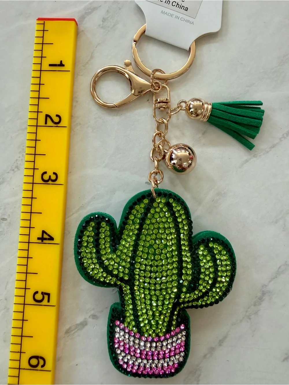 Green Cactus Crystal Tassel Keychain - Women's Accessories